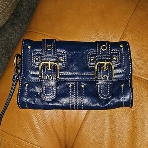 Rafe Blue Faux Leather Double Buckle Clutch Wallet